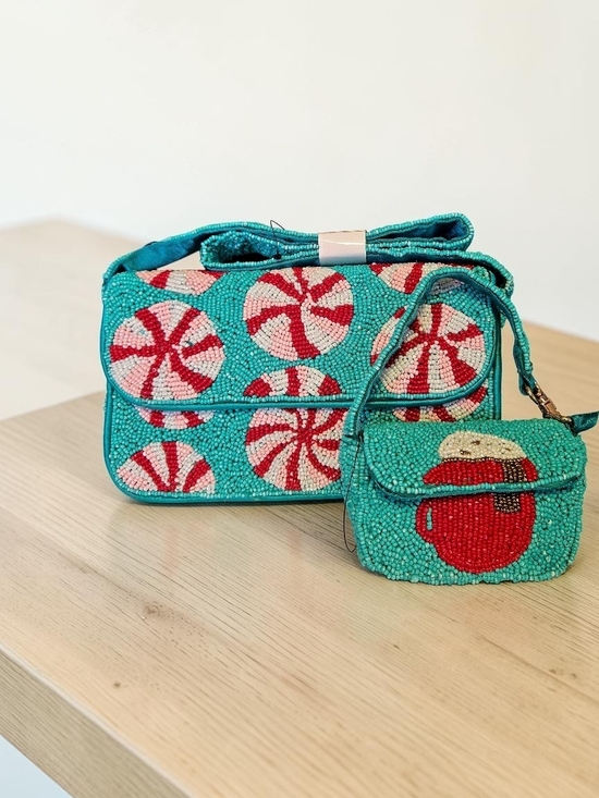 Rachel Zoe Handbags - NEW Rachel Zoe Designer Peppermint Theme Beaded Shoulder & Mini Bag Set In Box